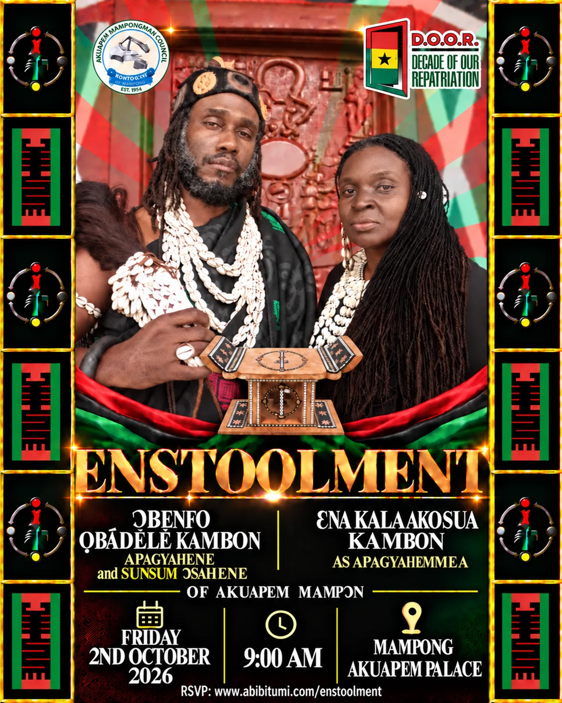 Enstoolment of Ɔbenfo Ọbádélé Kambon and Ɛna Kalaakosua Kambon