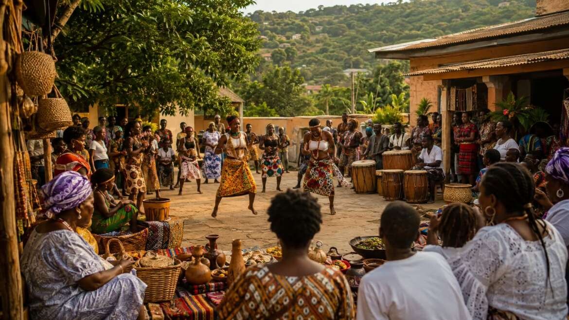 Black families, dancers, drummers, artisans, and food vendors gathered in an Akuapem courtyard