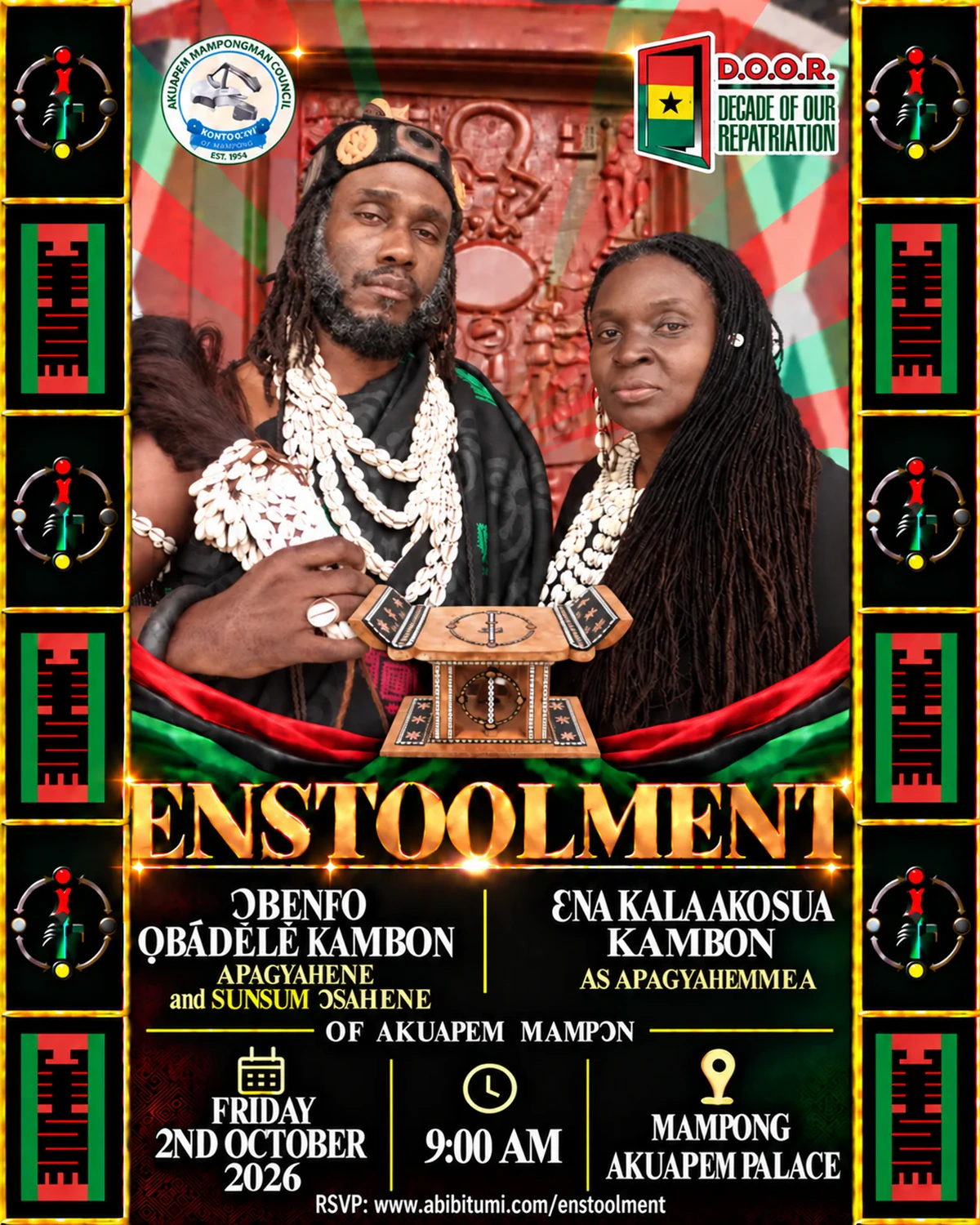 Enstoolment of Ɔbenfo Ọbádélé Kambon as Apagyahene and Sunsum Ɔsahene and Ɛna KalaAkosua Kambon as Apagyahemmea of Akuapem Mampɔn